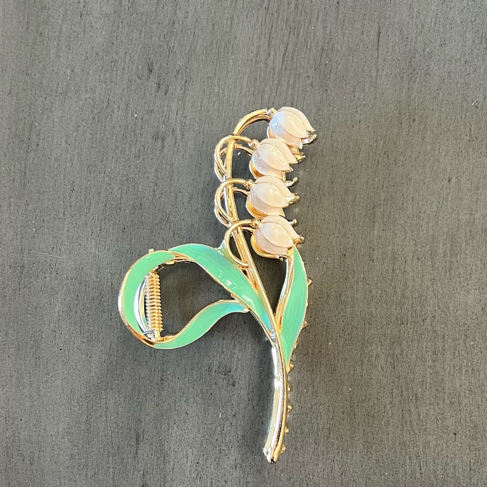 White Lily Valley Flower Floral Enamel & Gold Metal 4.5“ Lobster Claw Hair Clip